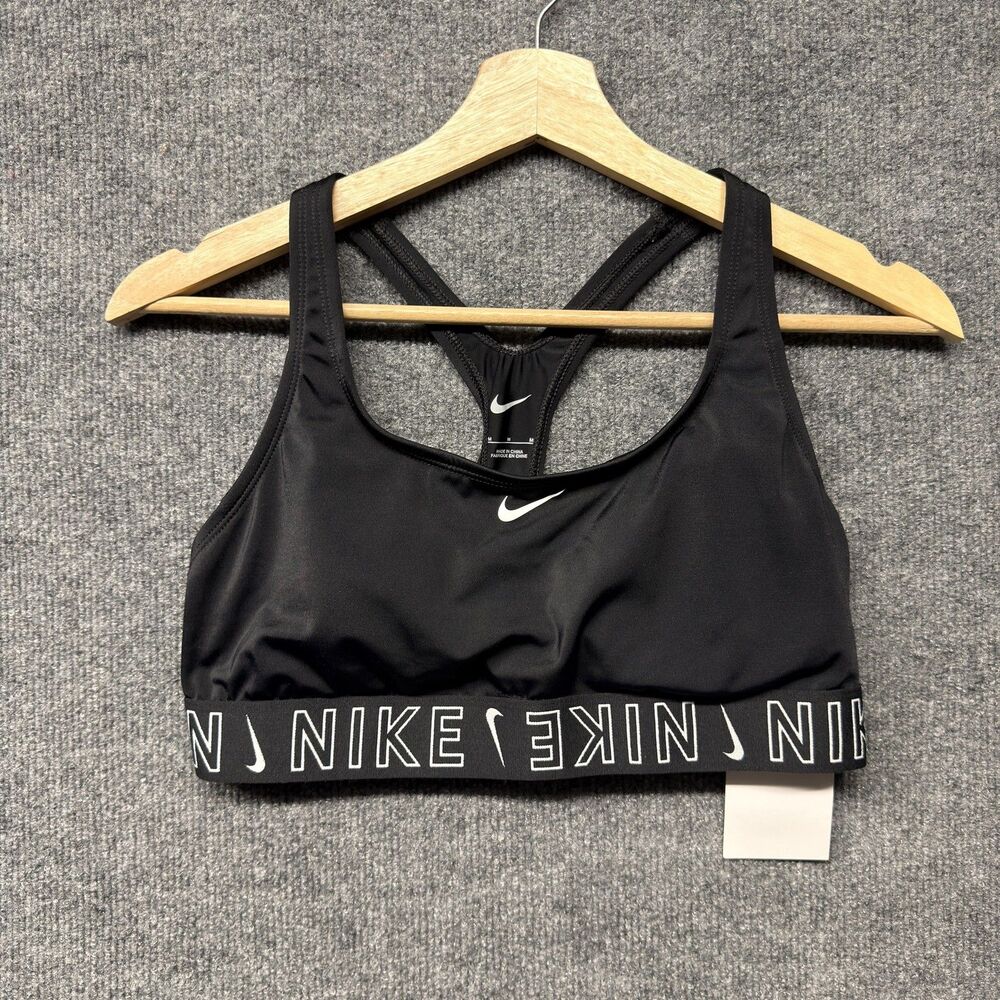 Nike Swim Logo Sports Bra Womens M Black Racerback Elastic Band Top Stretch
